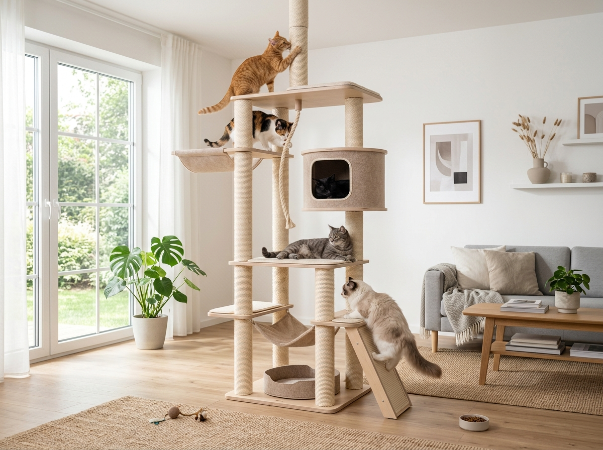 Balanced multi-level cat tree in a bright room