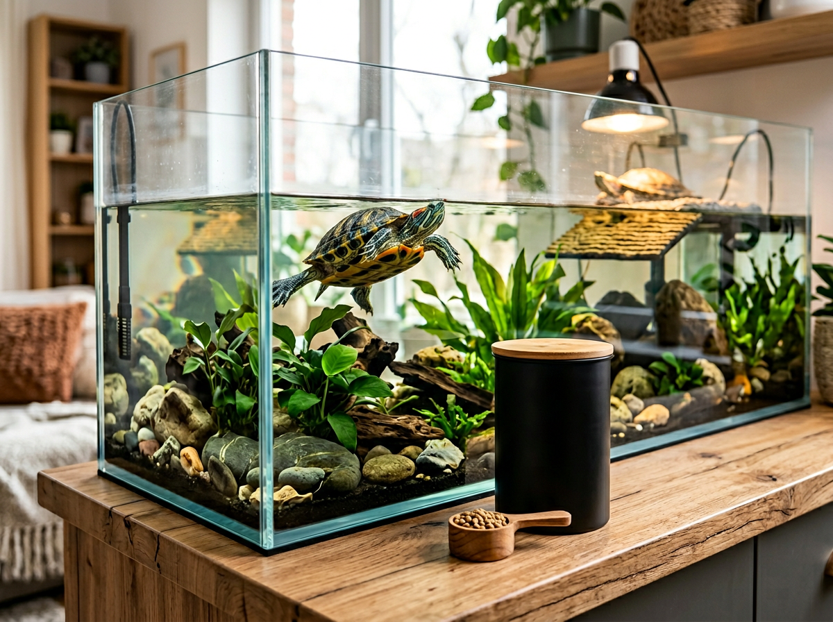Premium aquatic turtle food container beside a large crystal clear turtle tank