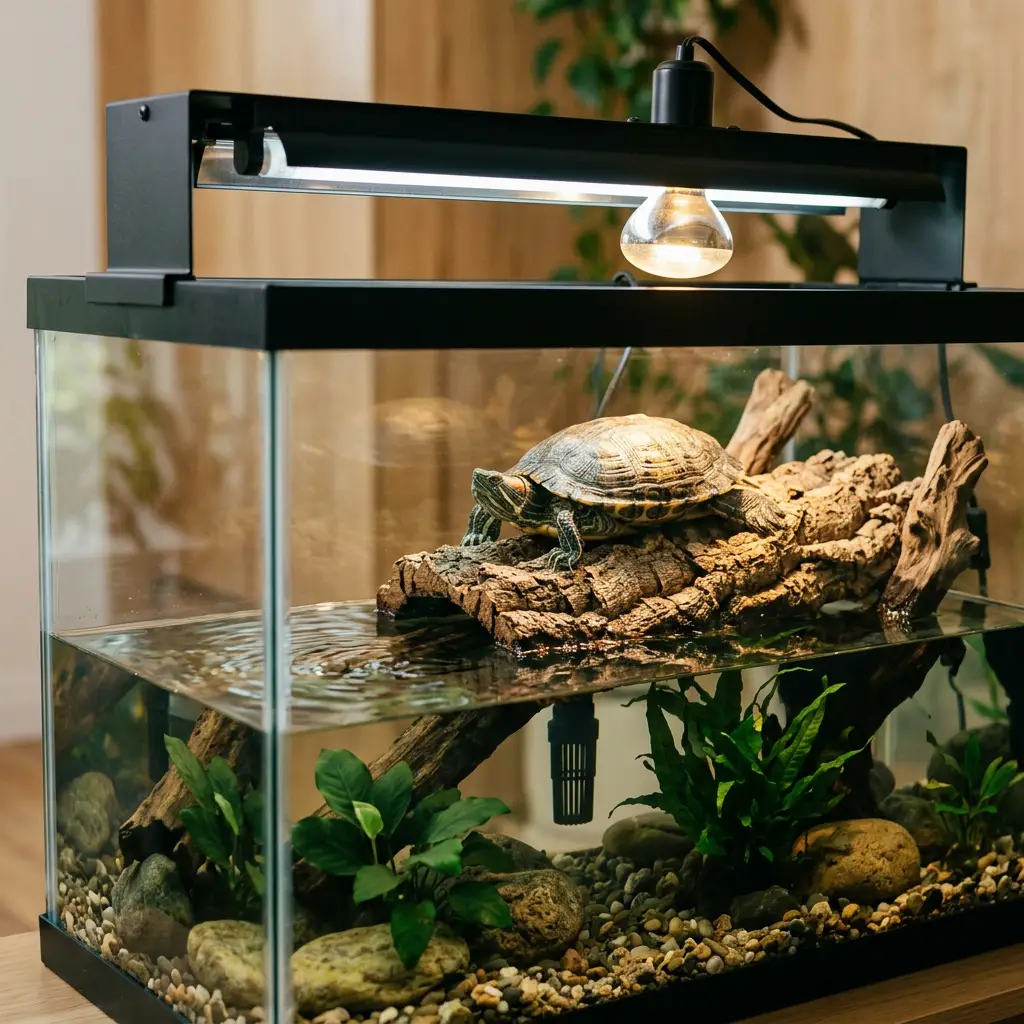 Generic UVB lighting setup above an aquatic turtle basking area