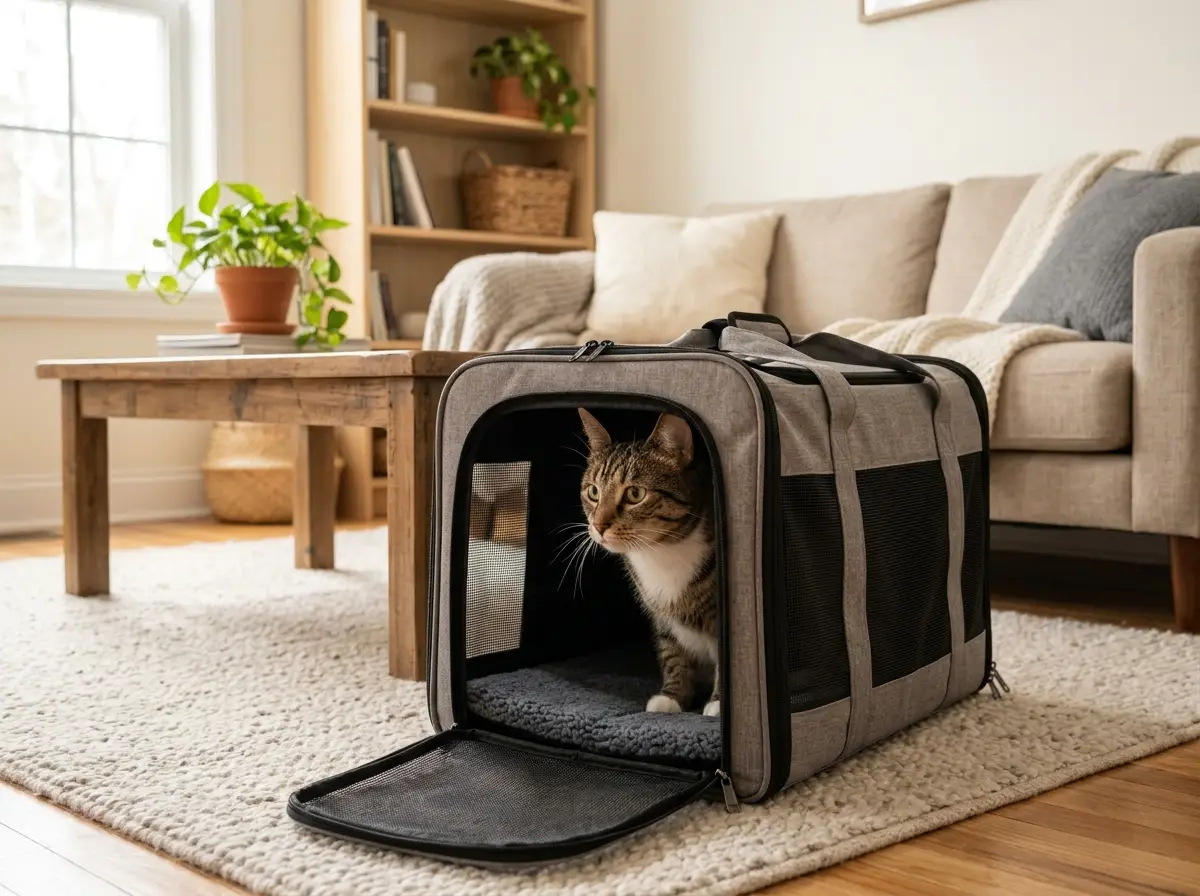 Illustration of a tabby cat in an open fabric carrier near a sofa