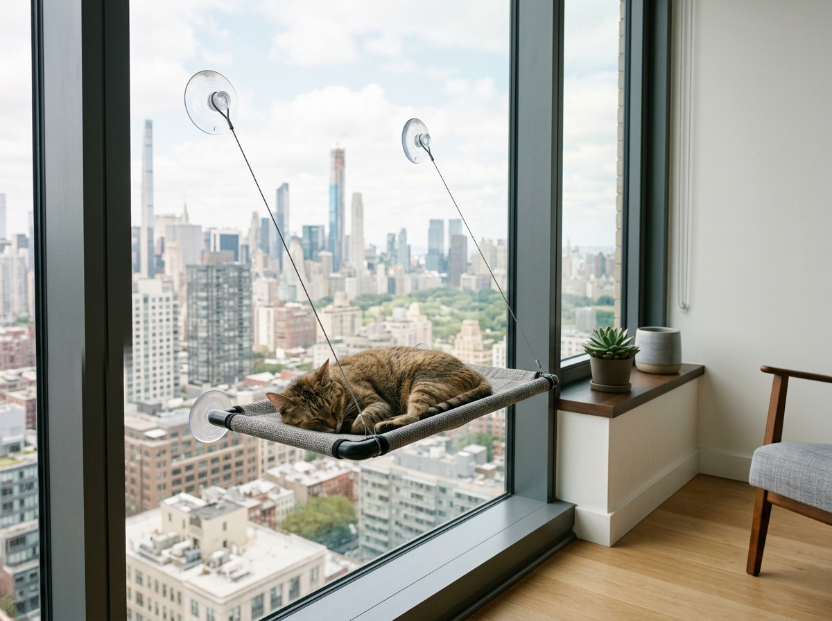 Cat sleeping in a soft hammock-style window perch