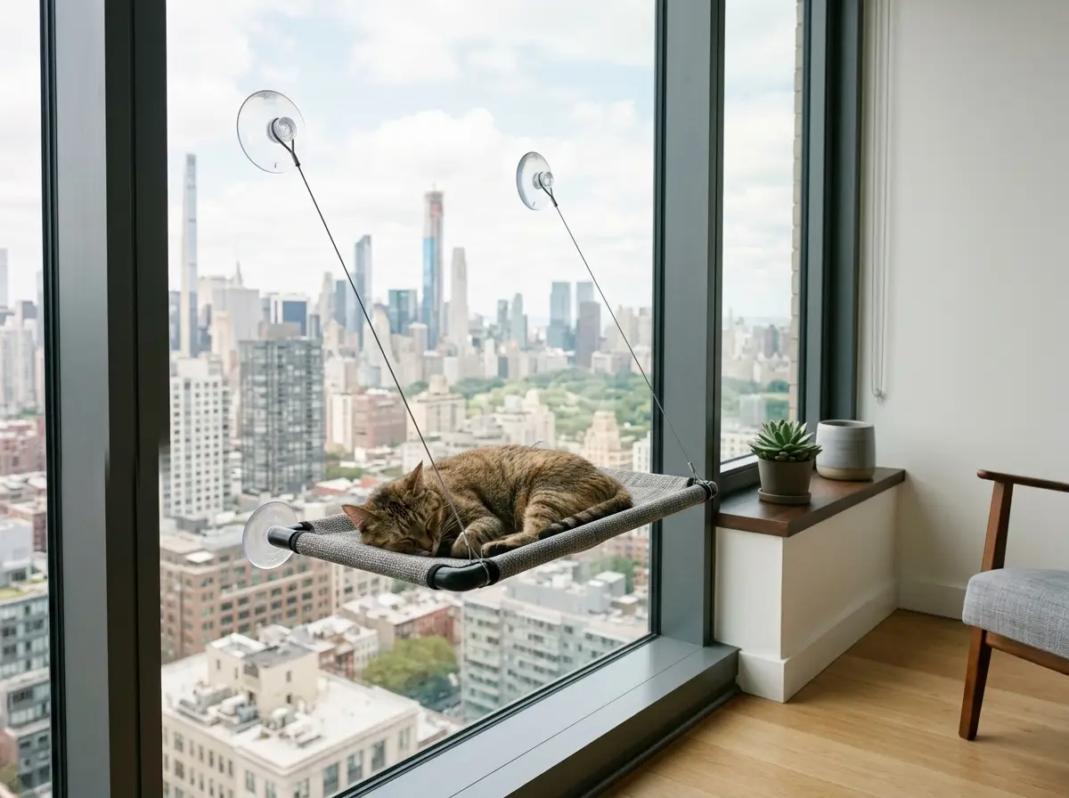Cat sleeping in a soft hammock-style window perch