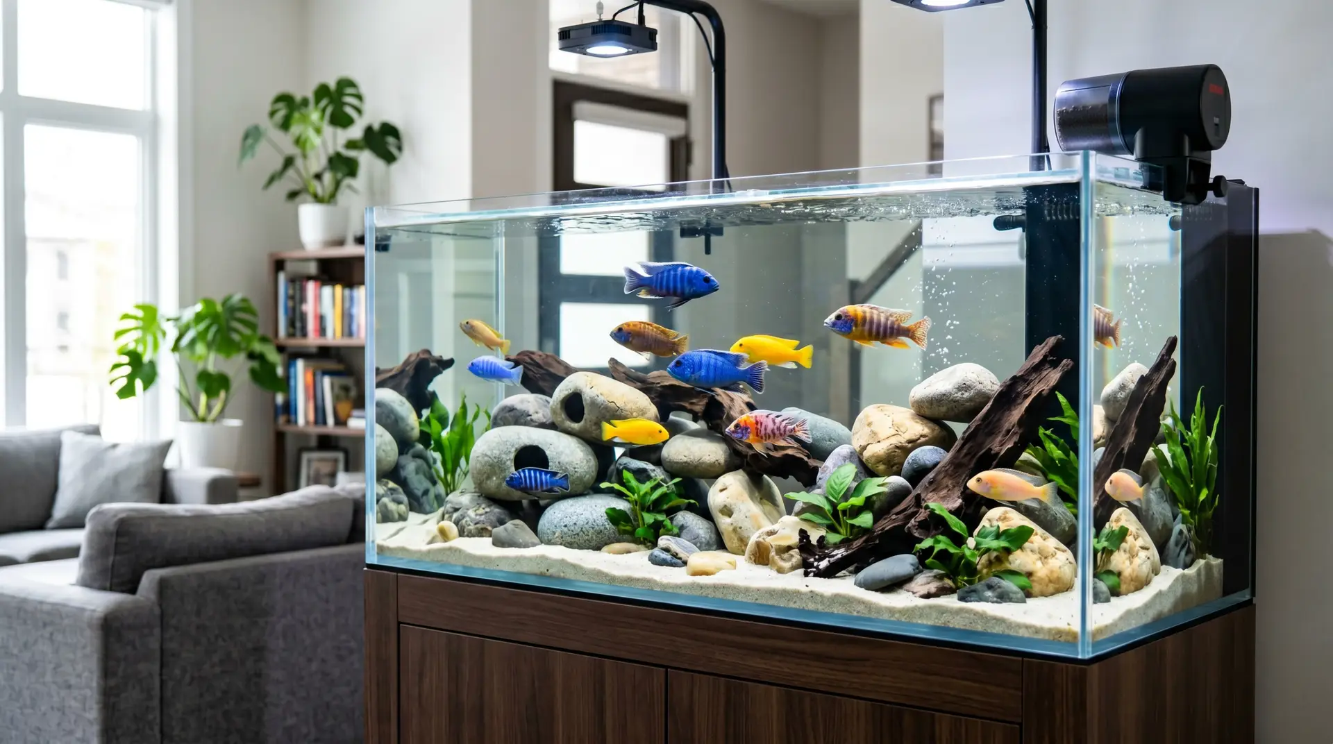 Automatic fish feeder attached to a clear home aquarium