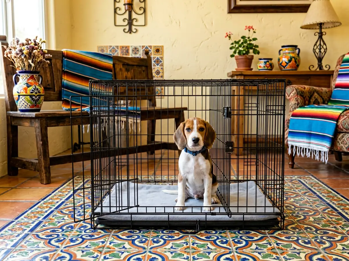 Illustration of a puppy sitting on a pad inside a wire crate