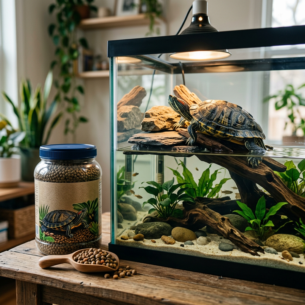 High protein aquatic turtle food container beside a spacious turtle tank with a larger turtle