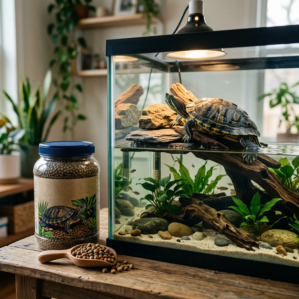 Illustration of a food container beside a turtle tank