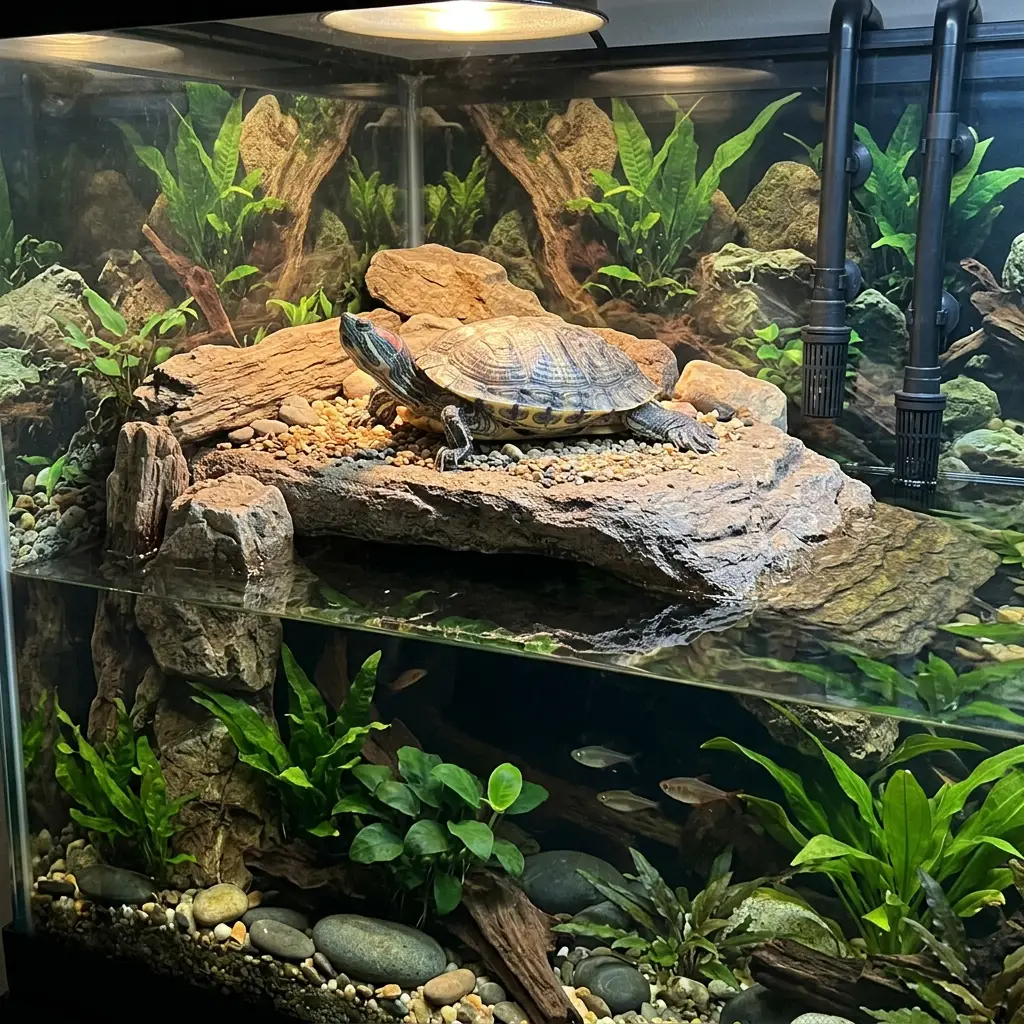 Corner basking platform inside aquarium for aquatic turtles