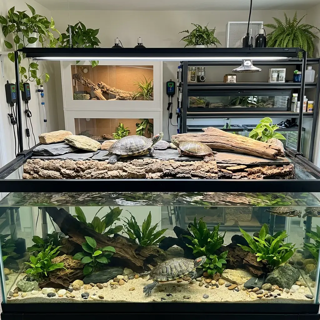 Generic long UVB fixture above a wide aquatic turtle basking area