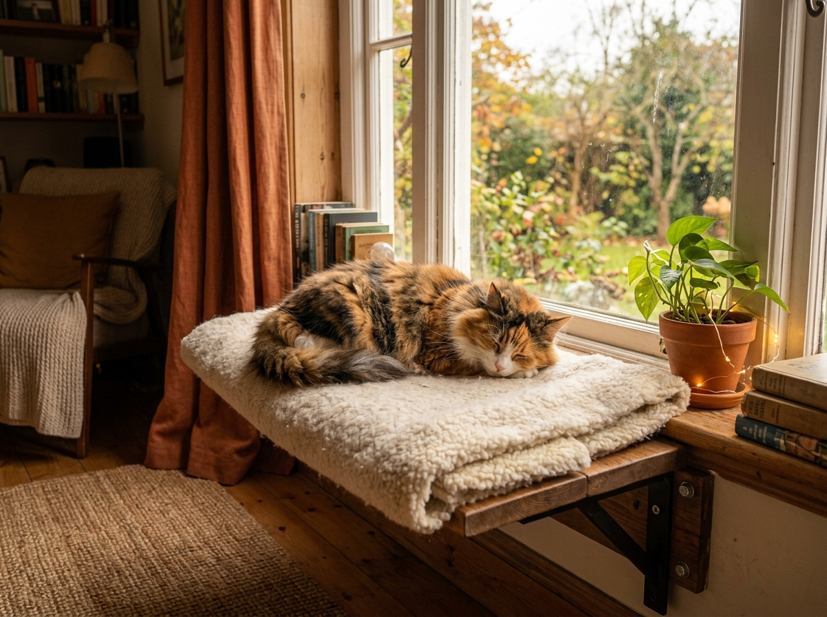 Large cat resting on a heavy-duty window perch