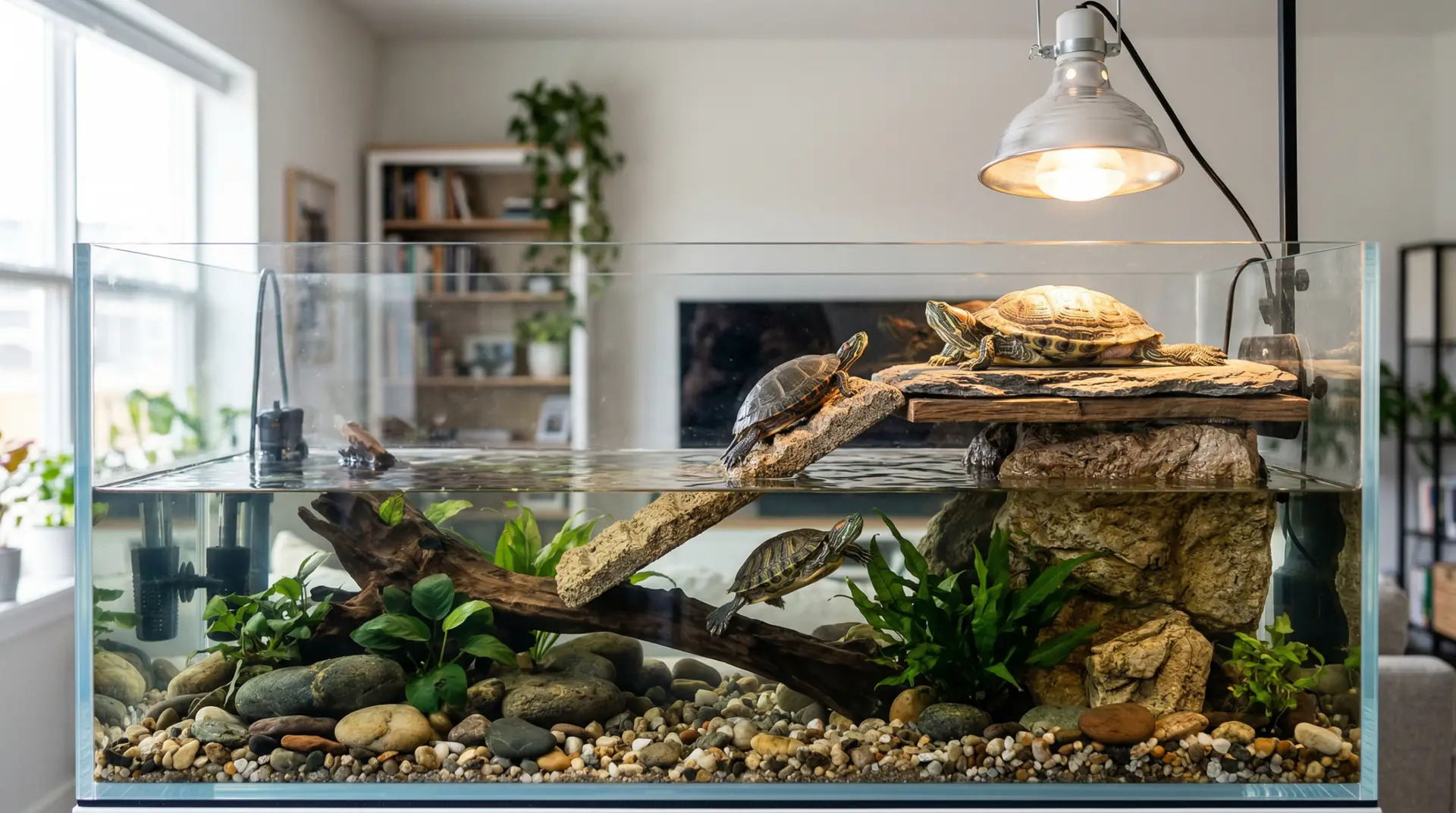 Aquatic turtle basking on a floating dock platform under a heat lamp