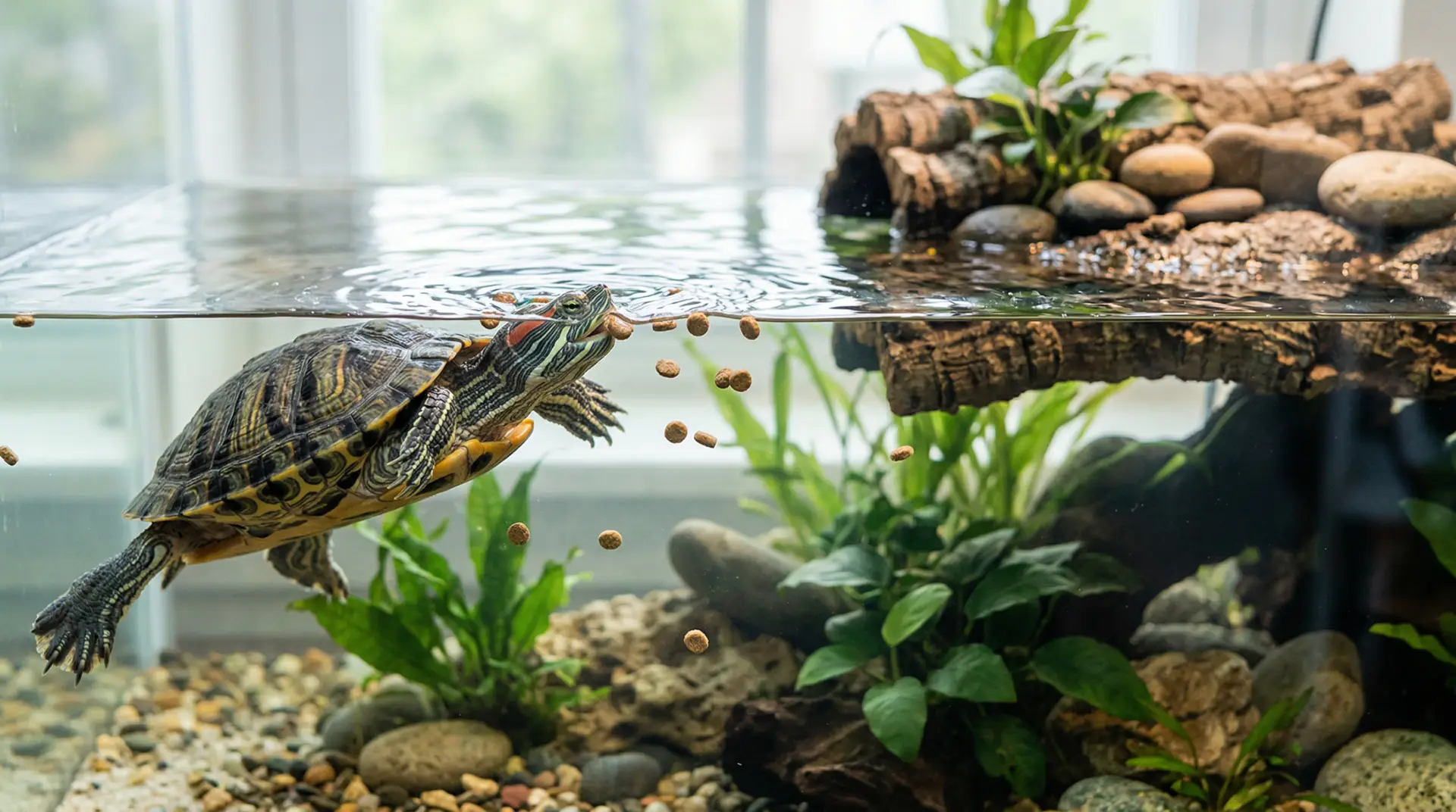 Aquatic turtle eating in a clean tank