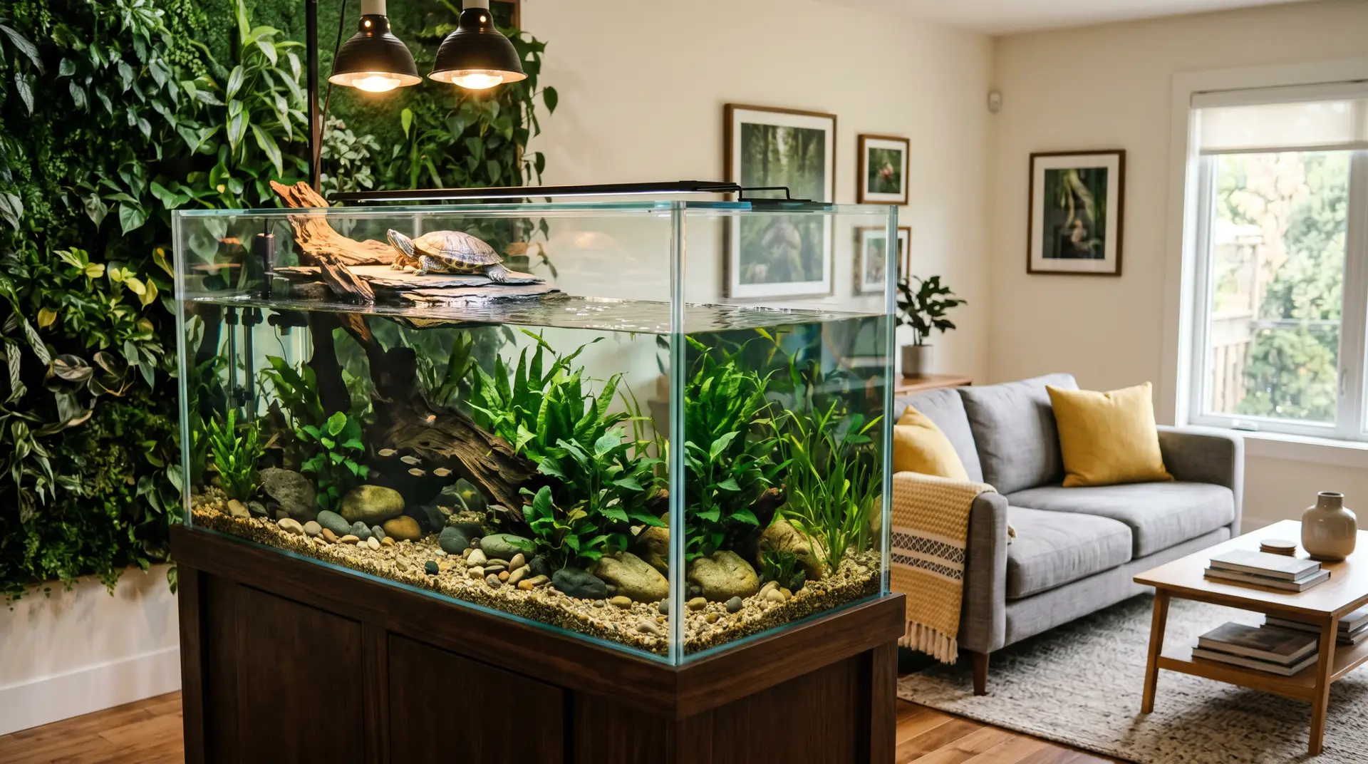Aquatic turtle basking under a UVB light