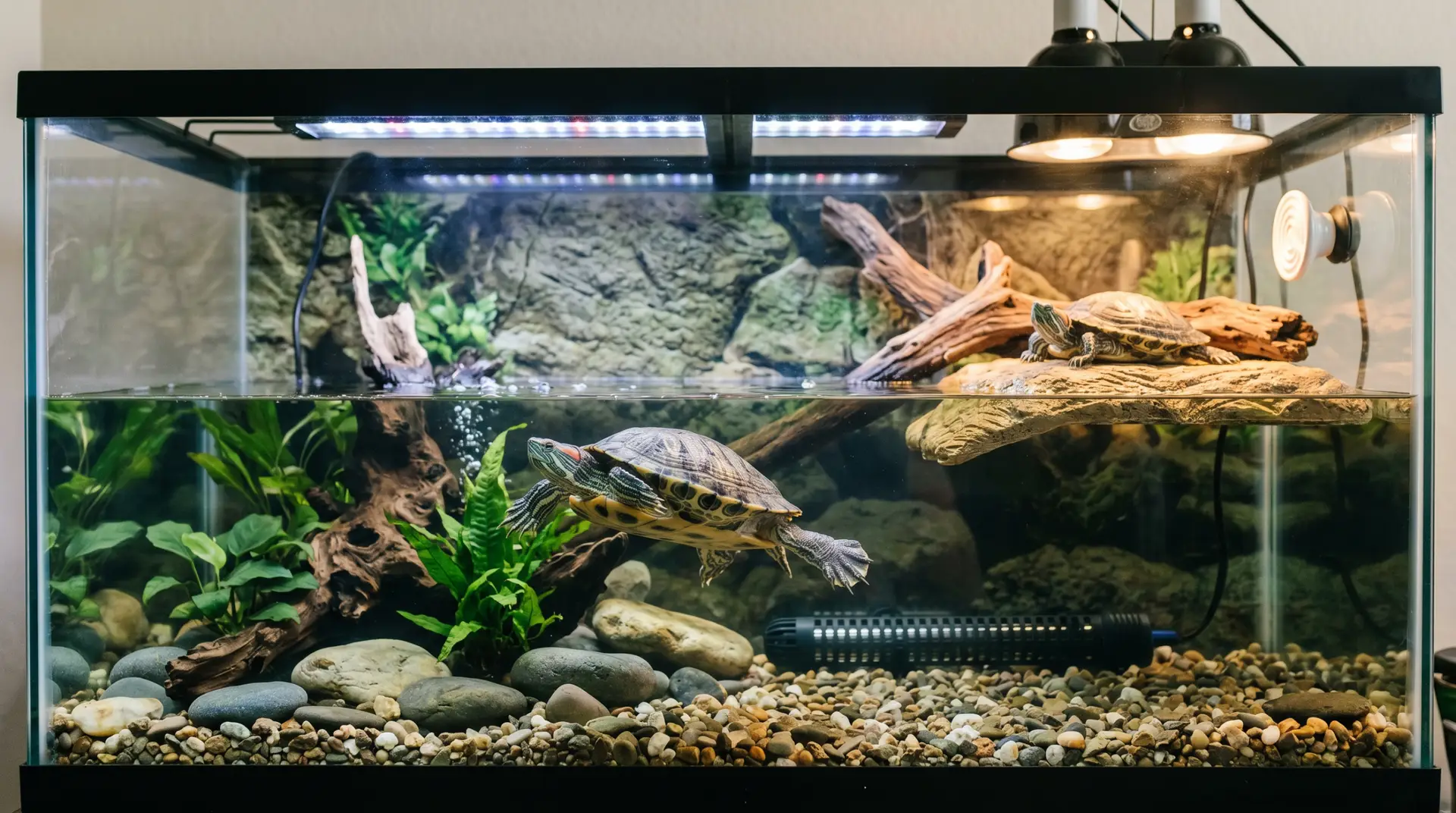 Digital thermometer in aquatic turtle tank