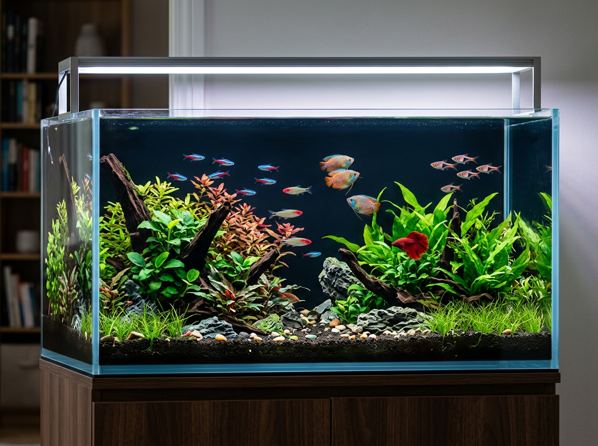 Black aquarium background installed behind a clear fish tank