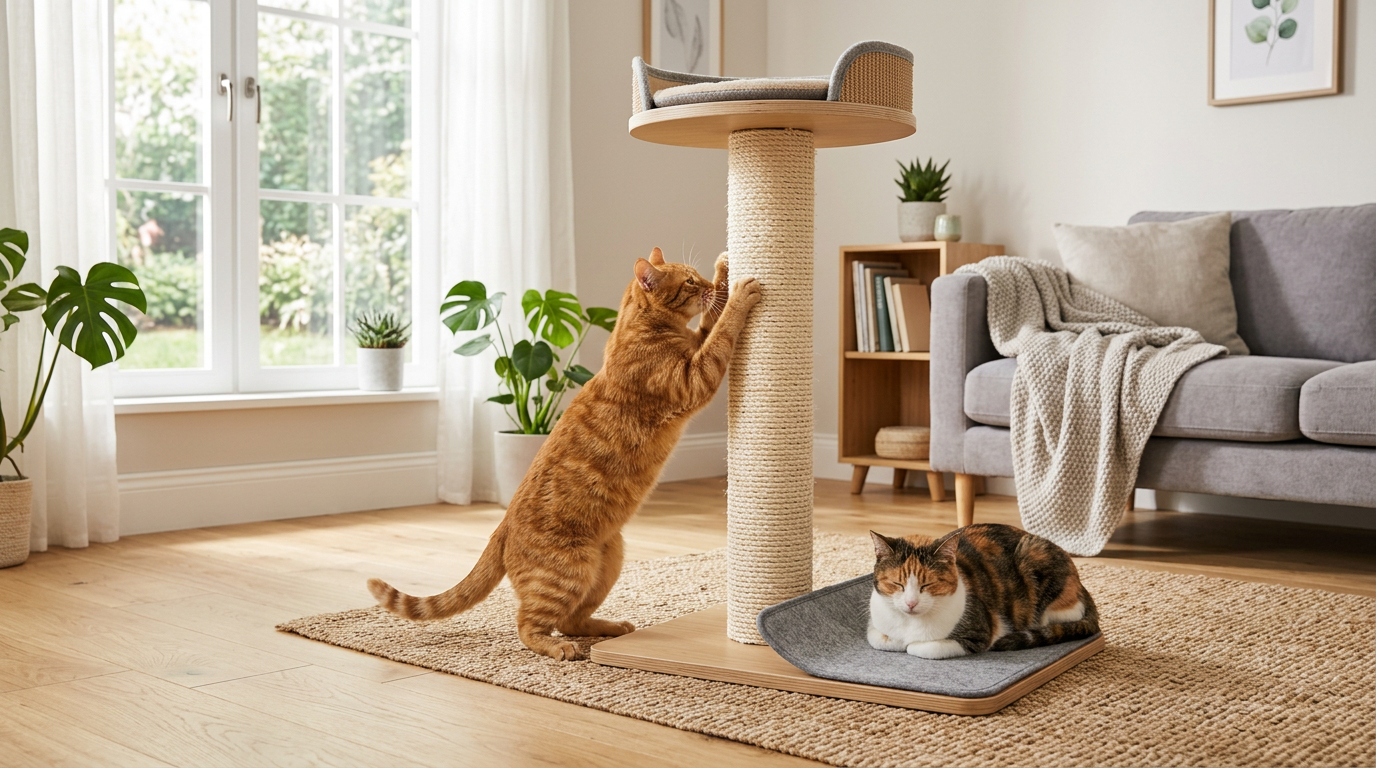 Cats Cat using a scratching post indoors