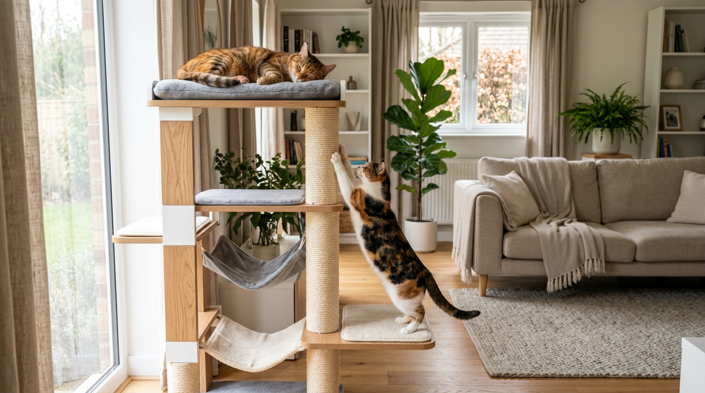 Cats Cat tree in a cozy indoor room