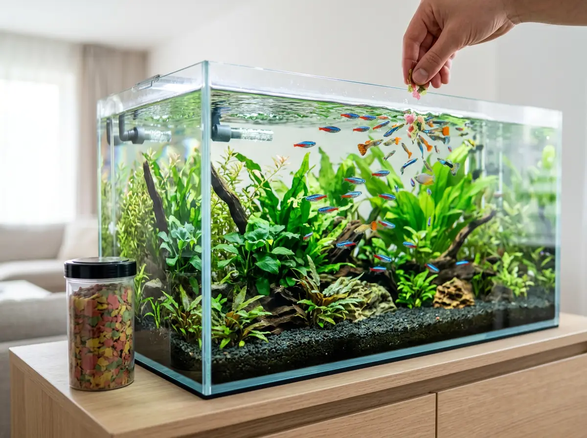 Illustration of a hand sprinkling food above a planted aquarium