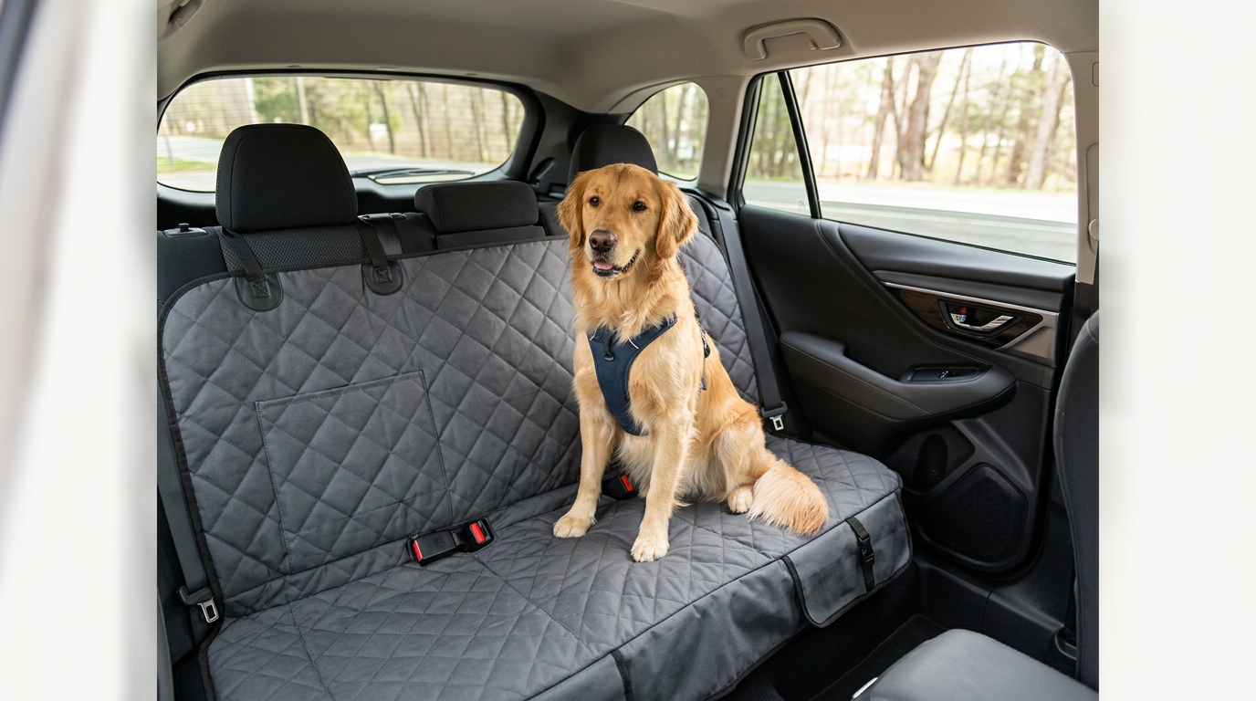 Dog sitting on a car seat cover