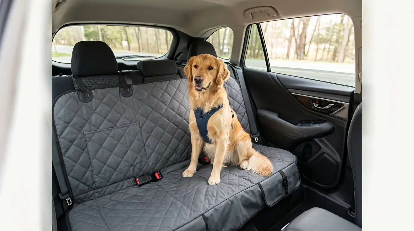 Dog sitting on a car seat cover