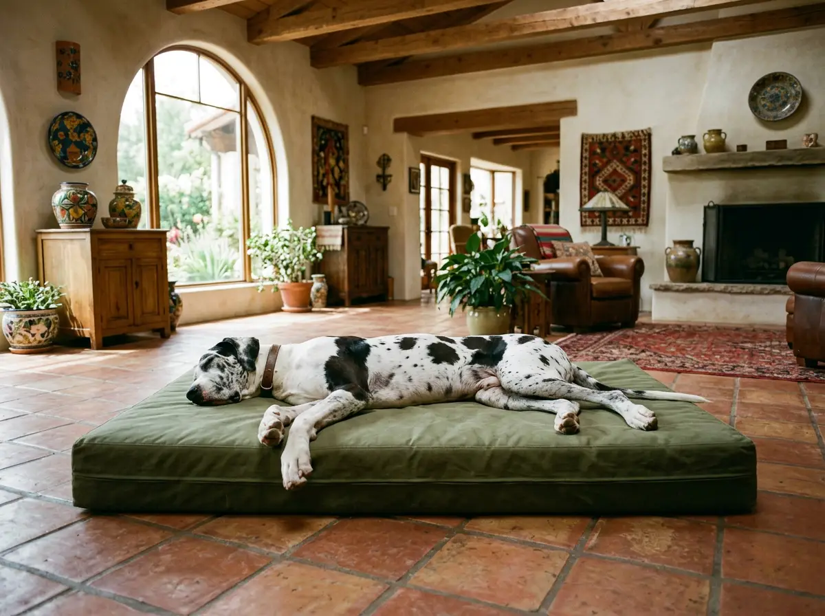 Illustration of a dog resting on a flat foam bed with faux-leather cover