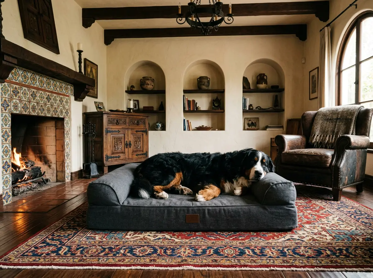 Illustration of a black dog with tan and white markings resting on a gray bolstered bed
