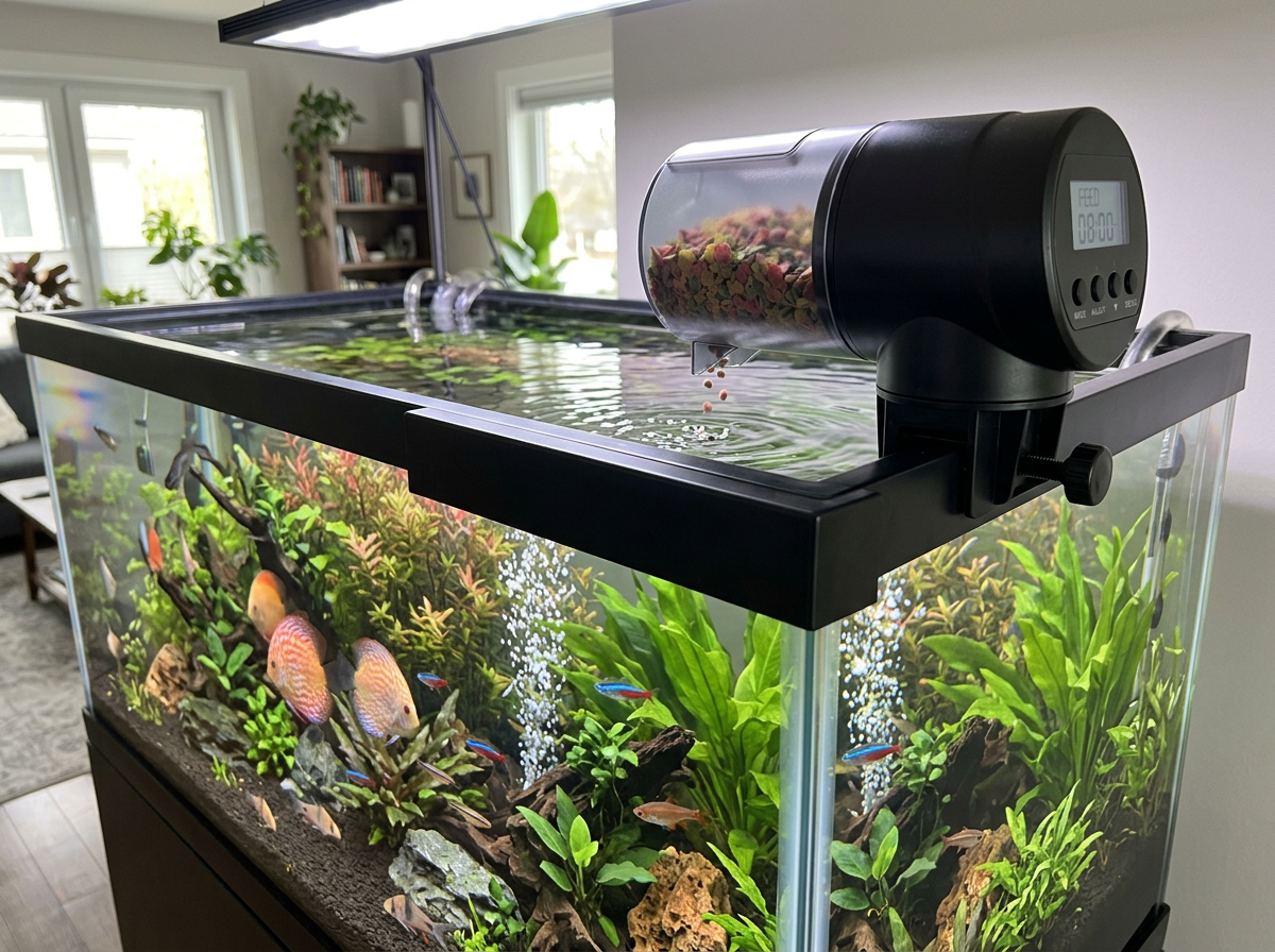 Budget automatic fish feeder attached to a home aquarium