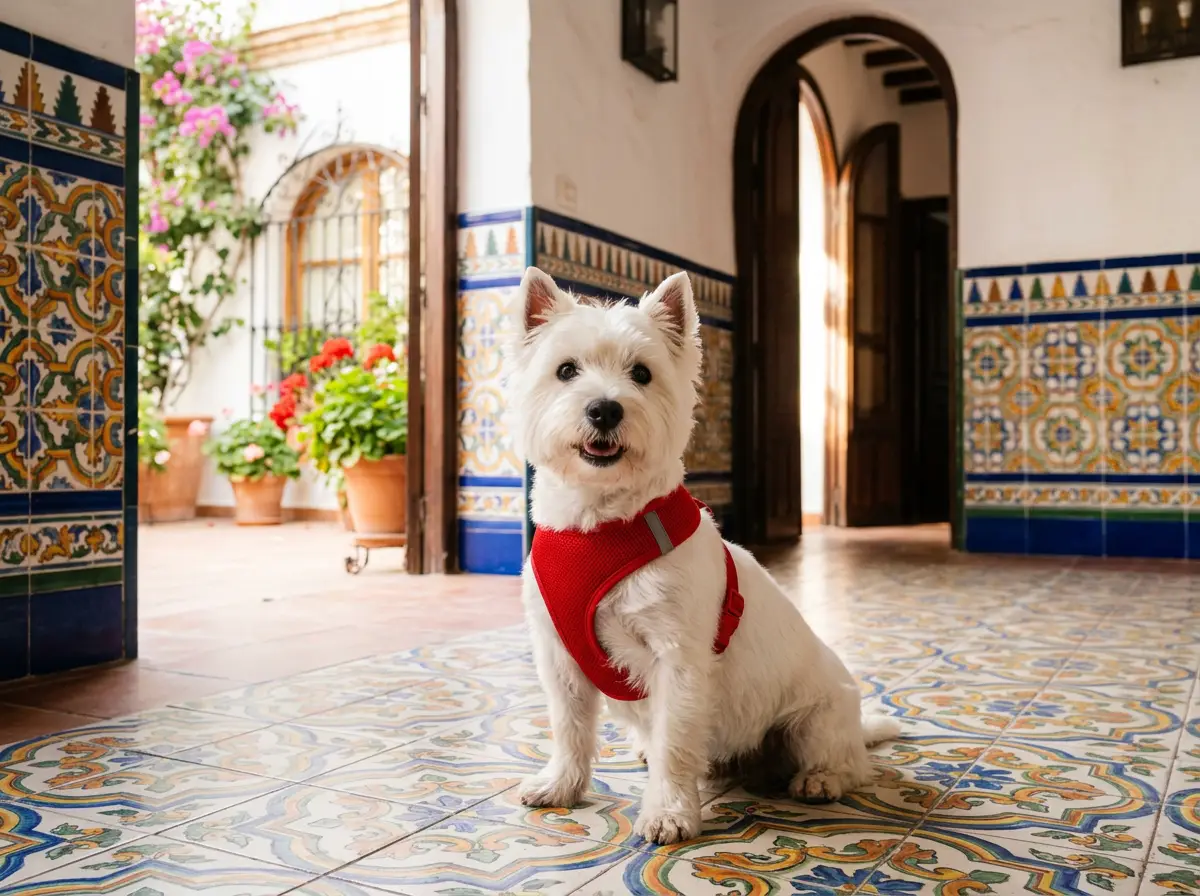Illustration of a small white dog wearing a red harness on a tiled patio