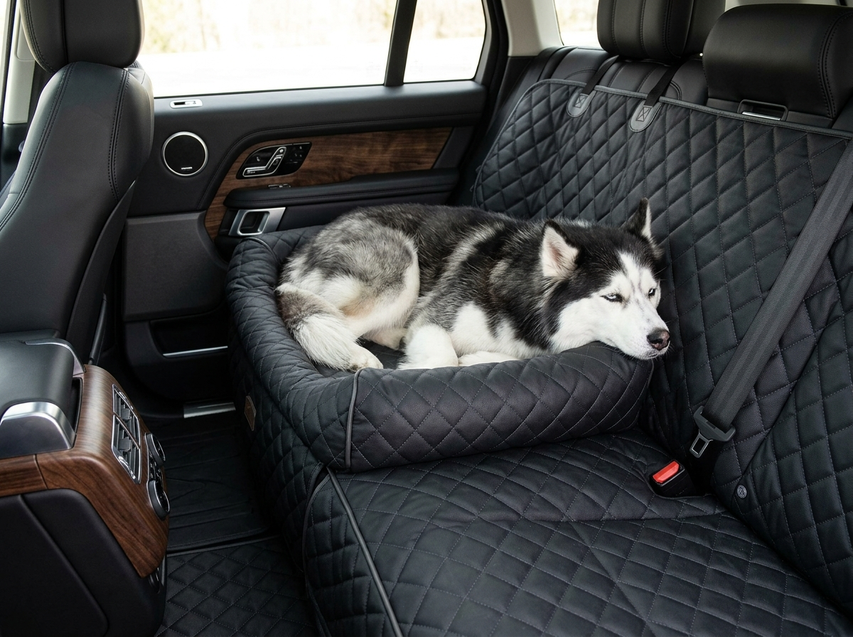 Heavy-duty dog seat cover for large dogs in a vehicle back seat