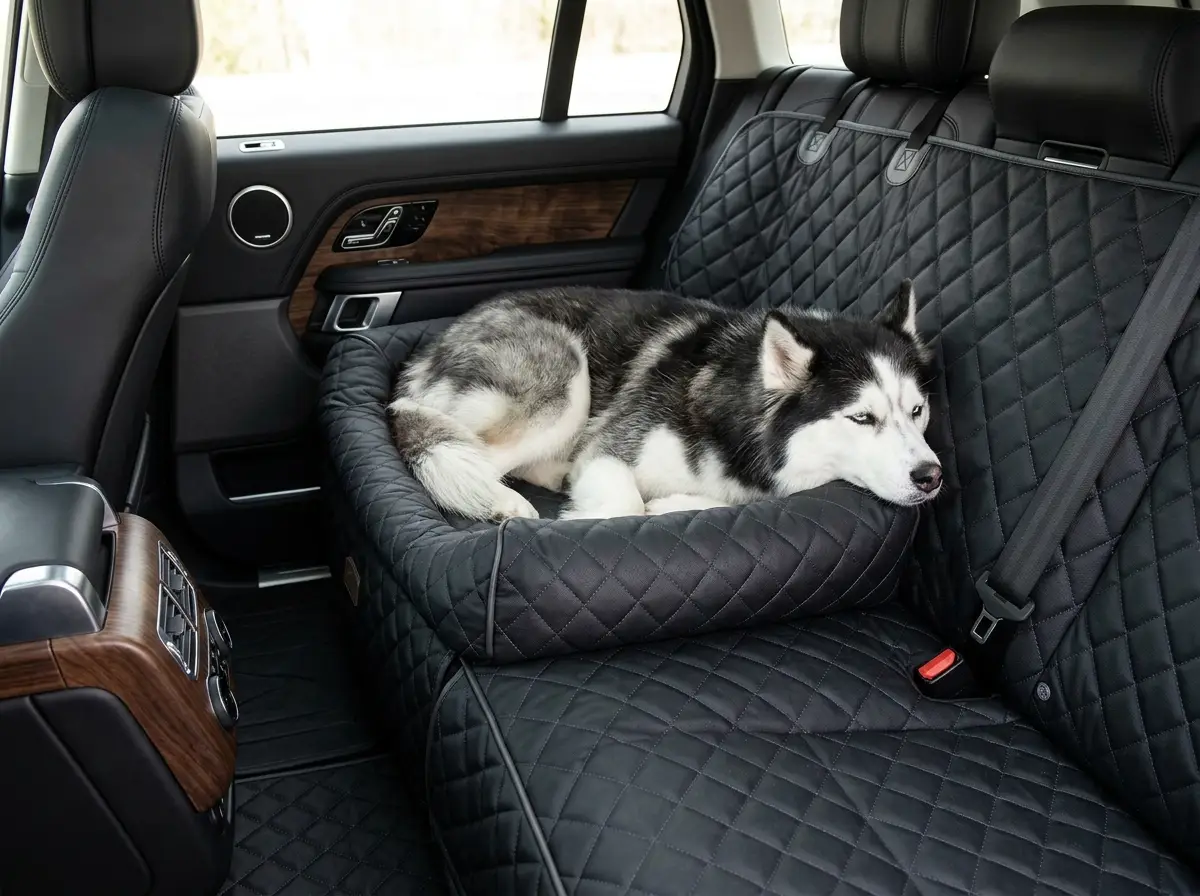 Illustration of a husky resting in a padded bed on a covered rear seat