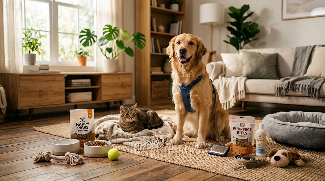 Pet product guide hero image with everyday pet essentials in a home setting