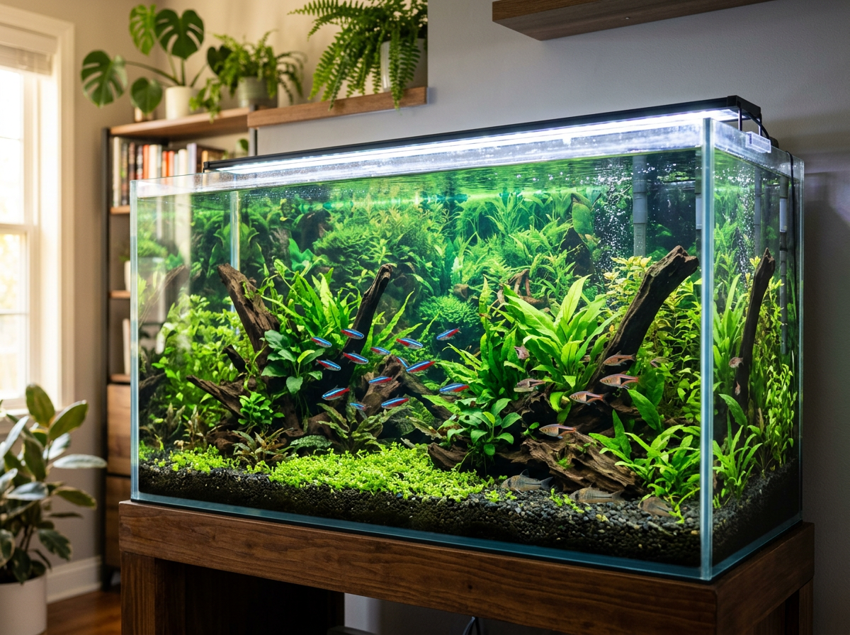 Plant-themed aquarium background displayed behind a freshwater fish tank