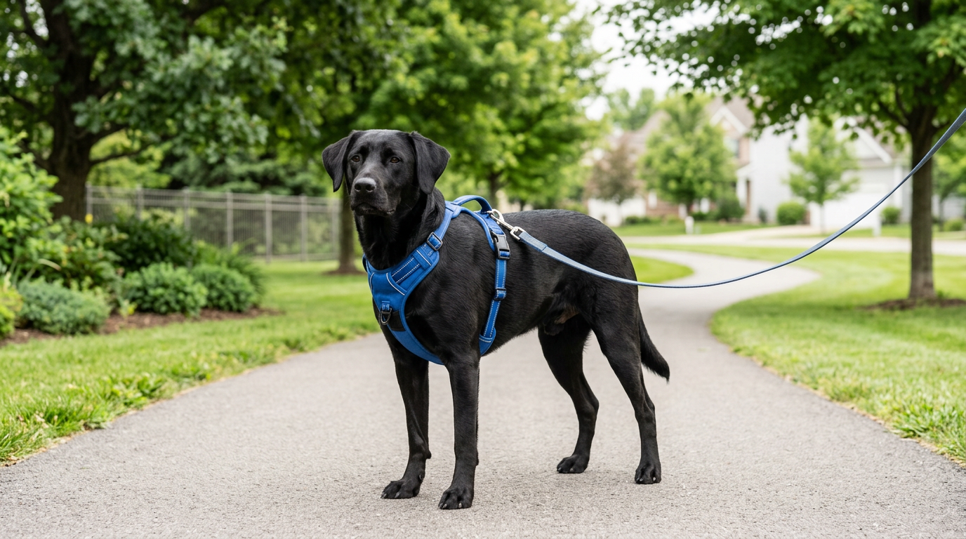 Dog wearing a no-pull harness outdoors