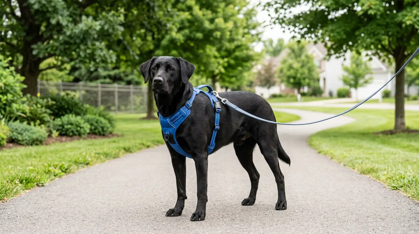 Dog wearing a no-pull harness outdoors