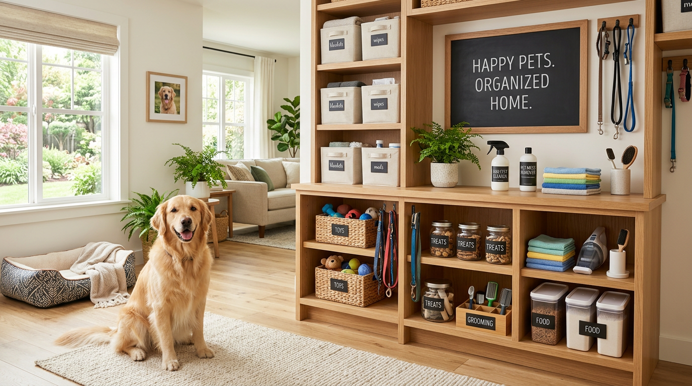 Pet home organization and cleanup products in a tidy room