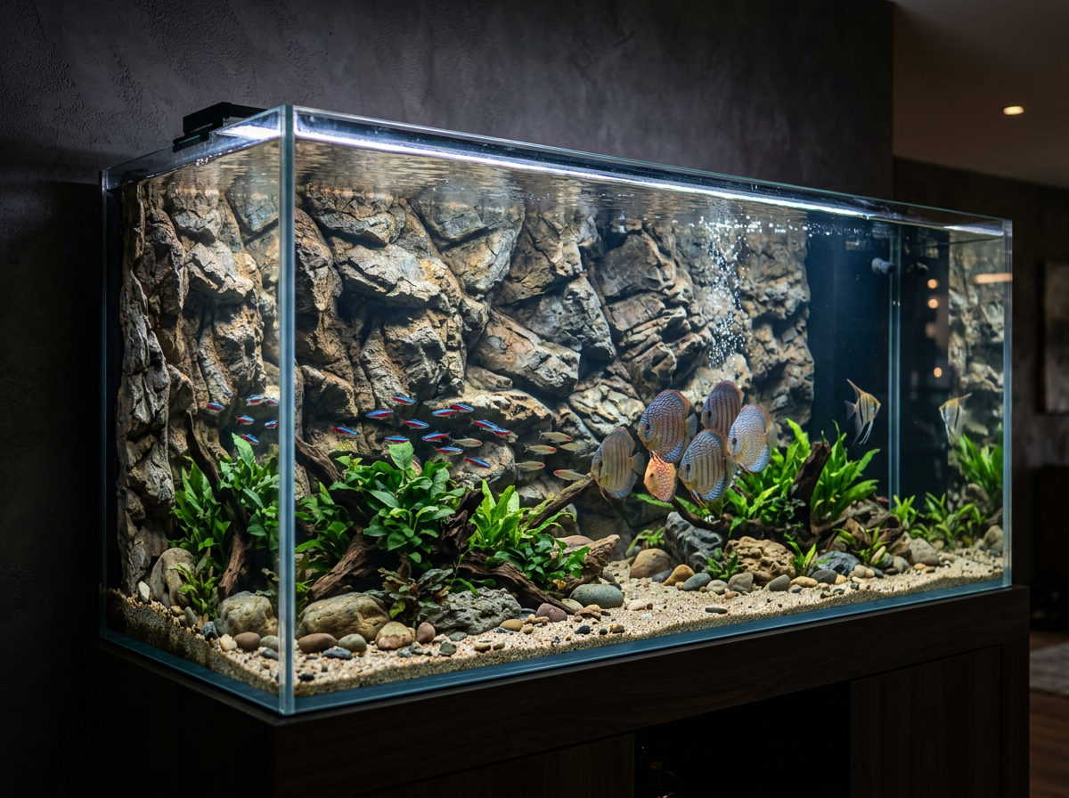 Rock-style aquarium background behind a large aquarium