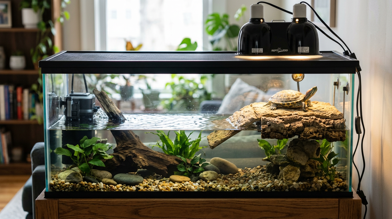 Aquatic turtle basking area with UVB lighting