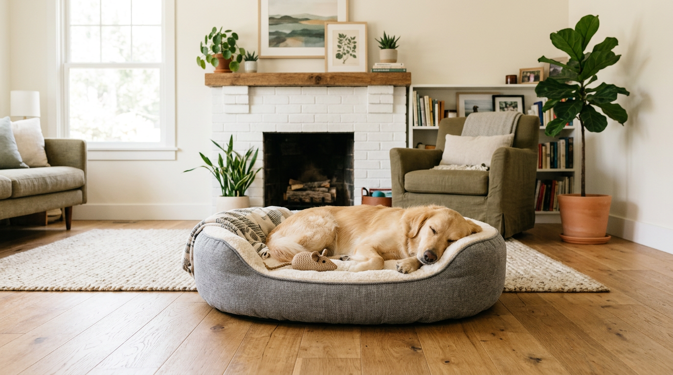 Dog resting on a supportive orthopedic dog bed