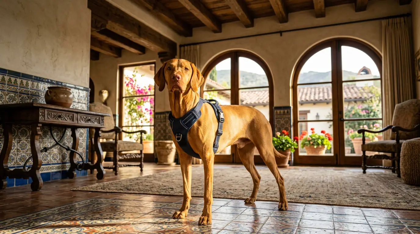 Dog wearing a no-pull harness on a walk