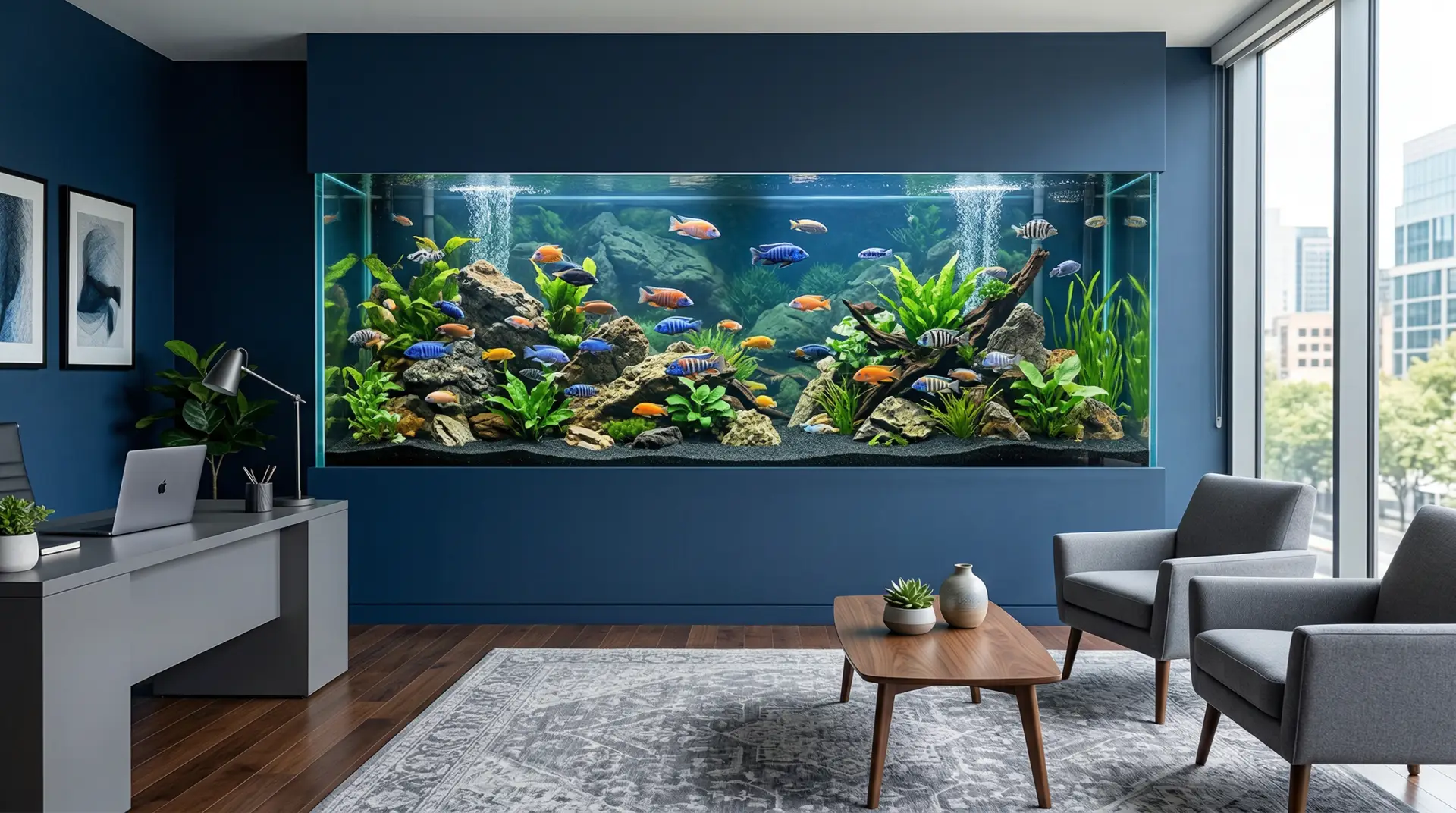 Large clear aquarium with a clean decorative background