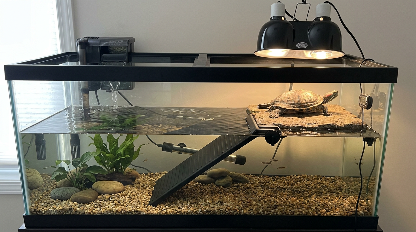 Aquatic turtle basking platform above tank water