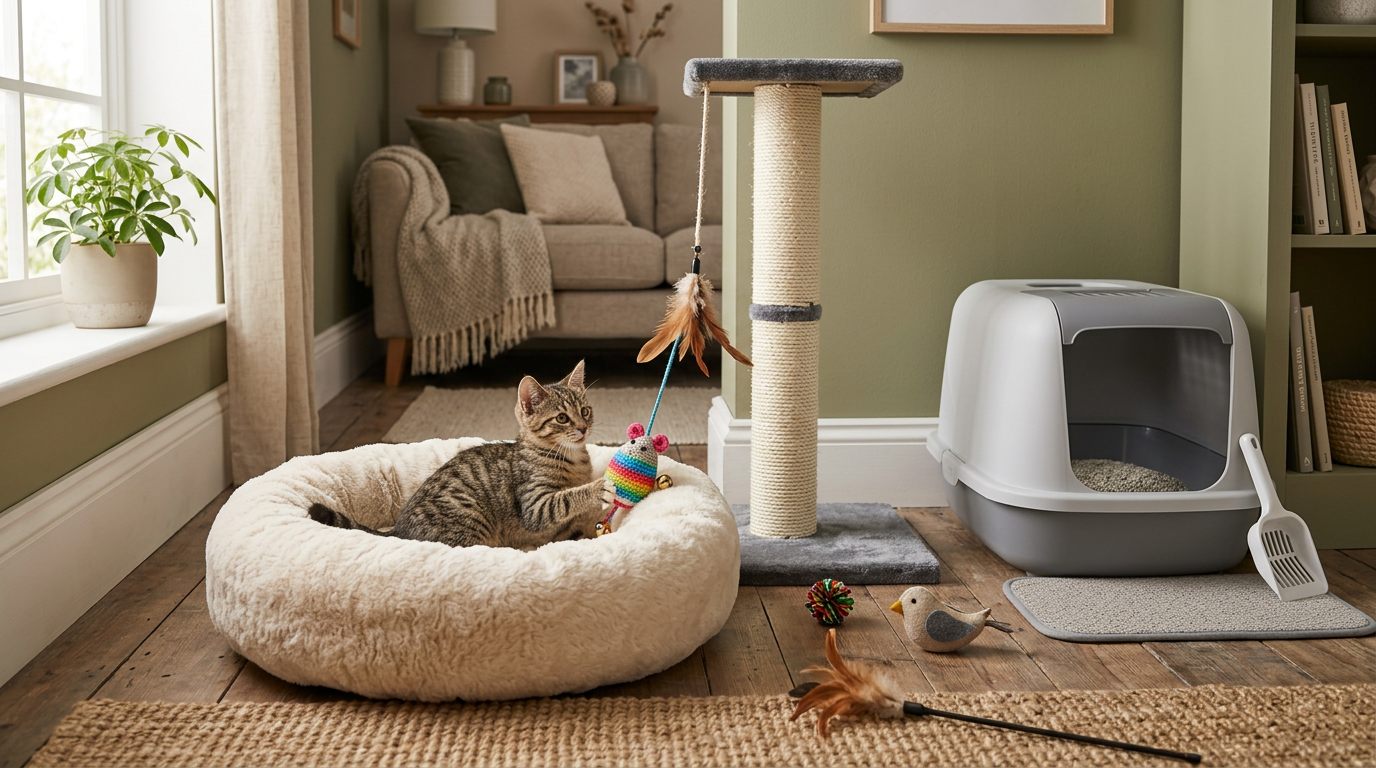 New cat owner essentials including litter box, scratching post, toy, and bed