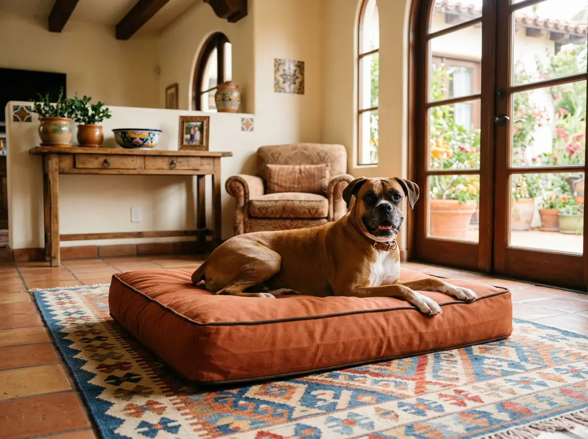 Illustration of a dog resting on a foam bed with removable cover