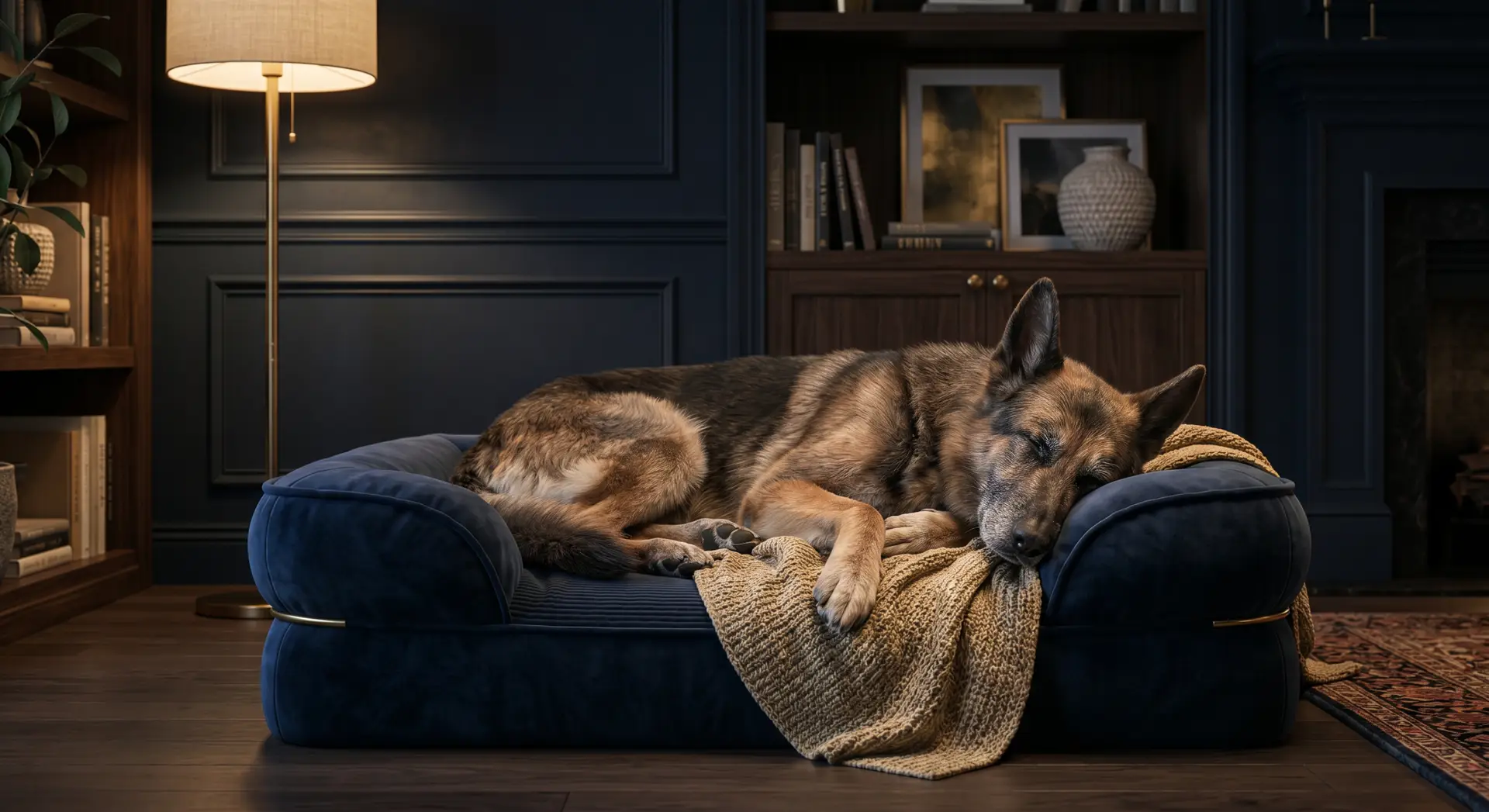Premium 3D older dog resting on supportive dog bed