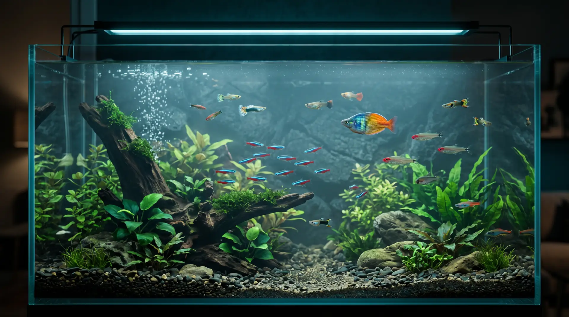 Premium 3D aquarium with slightly cloudy water after cleaning