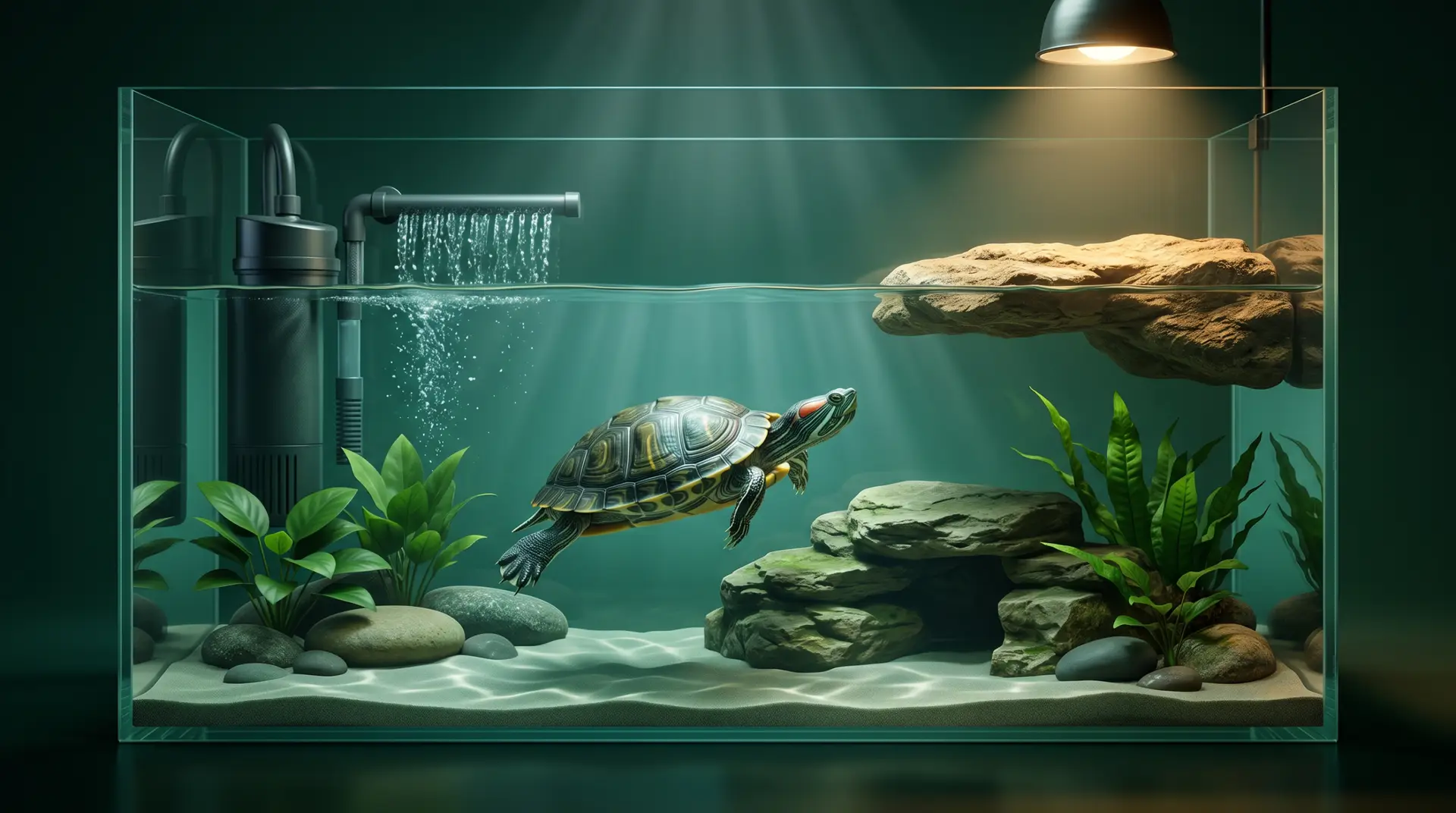 Premium 3D aquatic turtle in clean modern turtle tank