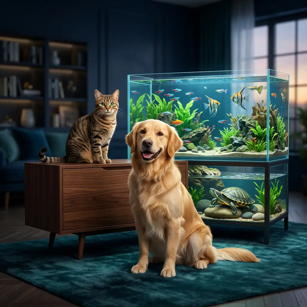 Premium PawsFinsandShells digital pet magazine hero image with dog cat aquarium fish and turtle