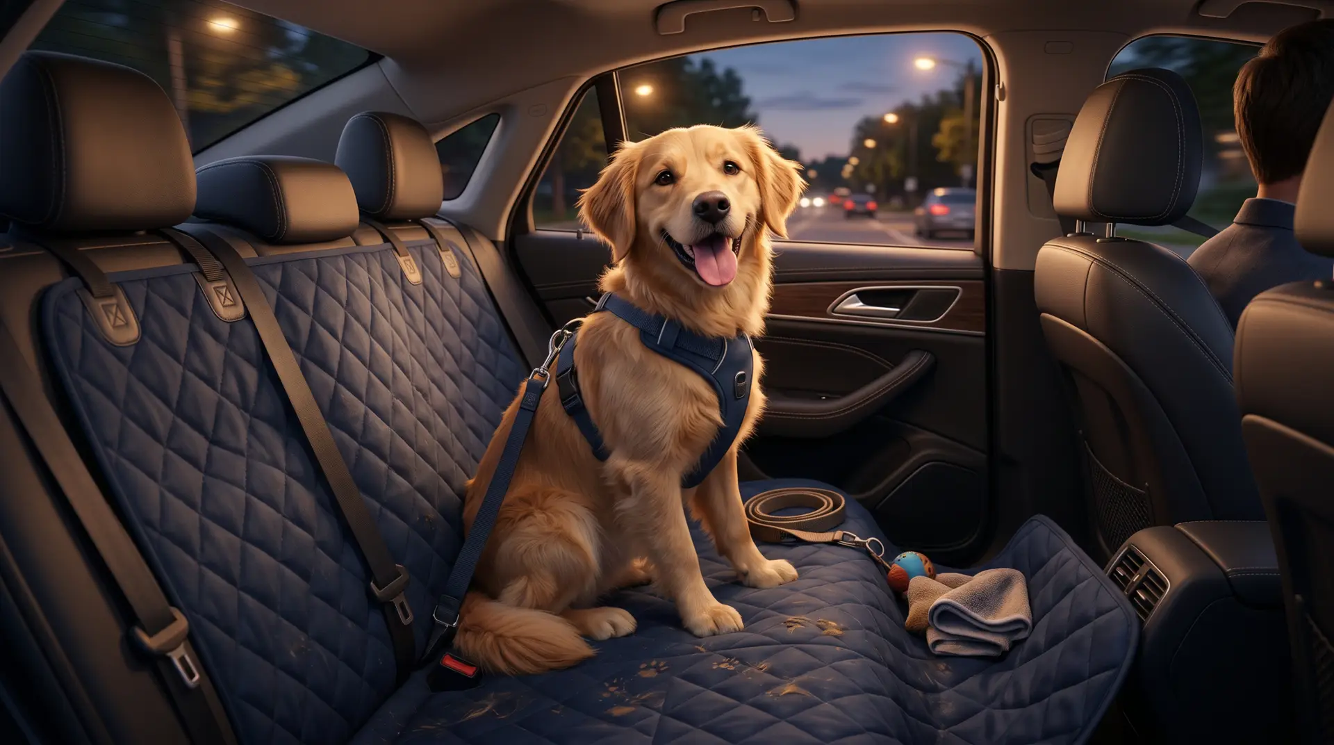 Premium 3D dog in clean modern car back seat