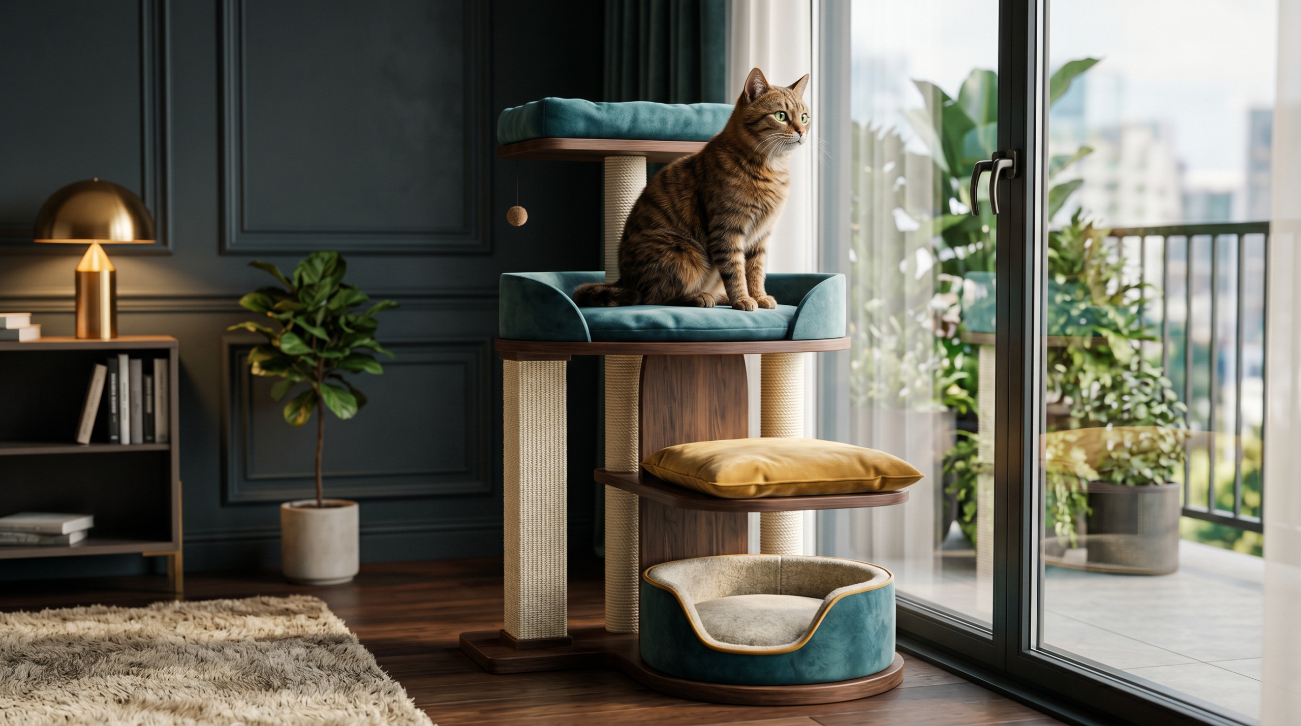 Premium 3D indoor cat with cat tree and window light
