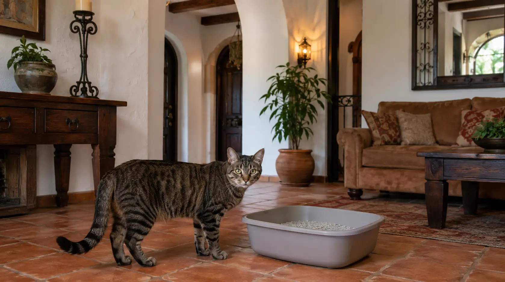 Cat near a litter box in a clean modern home