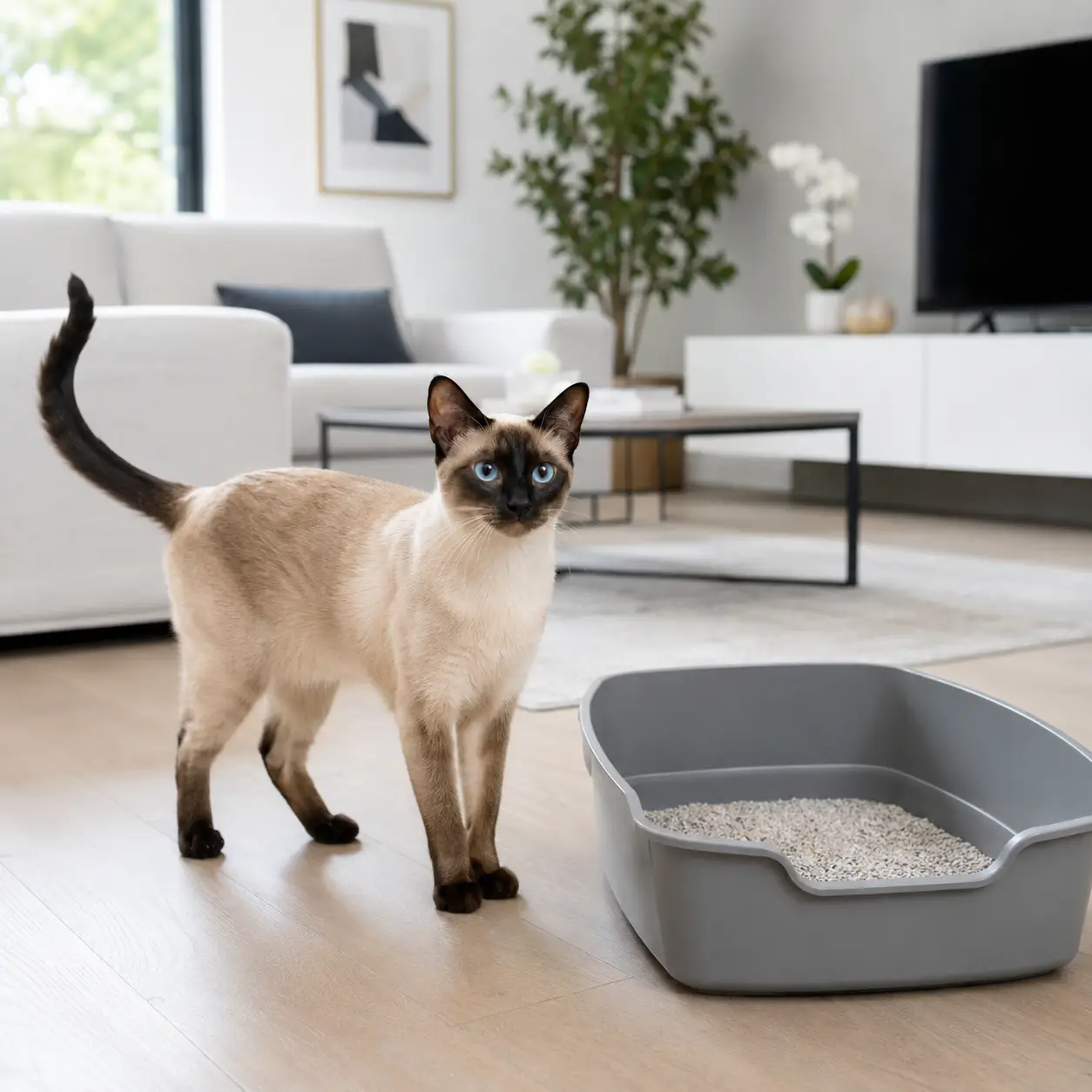 Illustration of a Siamese cat beside a gray open litter pan